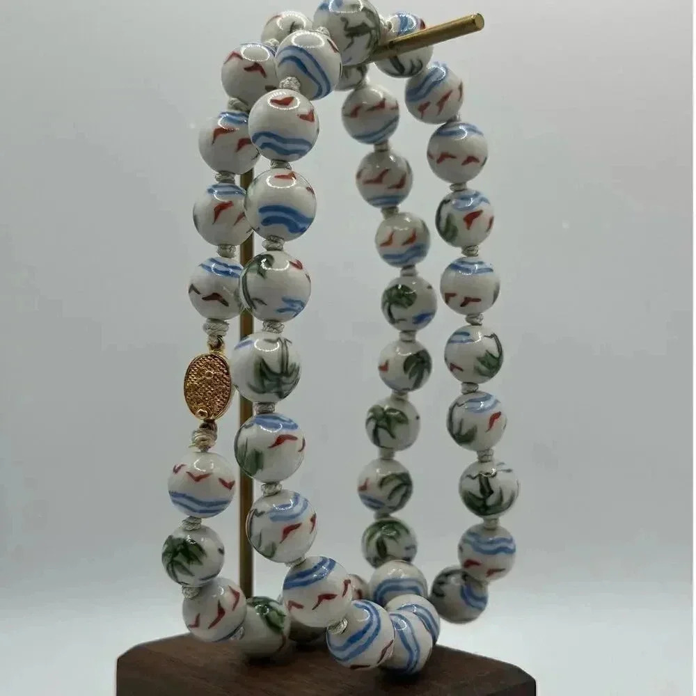 Vintage | Rare | Chinese porcelain hand painted necklace | palm trees & birds